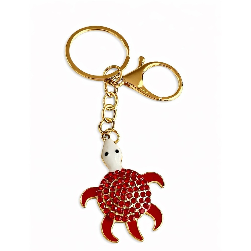 Red Rhinestone Sea Turtle Gold Tone Metal Key Chain Charm with Clip 4"